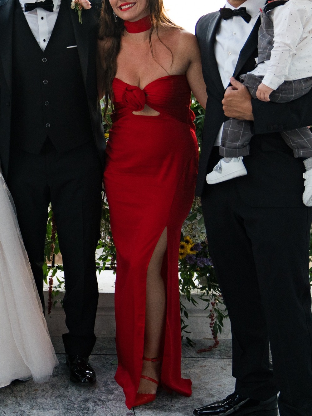 Crystal Doll Strapless Red Evening Gown with Rosette